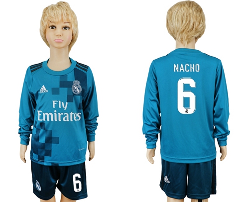 Real Madrid #6 Nacho Sec Away Long Sleeves Kid Soccer Club Jersey - Click Image to Close